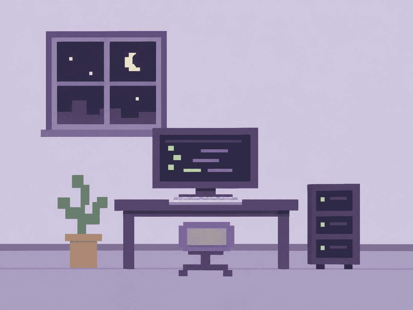 Minimal lavender pixel-art workspace with a desk, monitor, plant, and computer tower. A crescent moon is visible through the window.